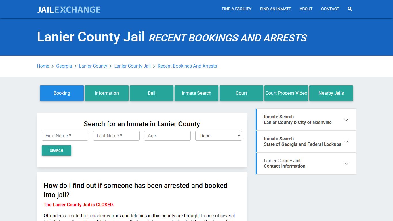 Lanier County Jail Recent Bookings And Arrests - Jail Exchange